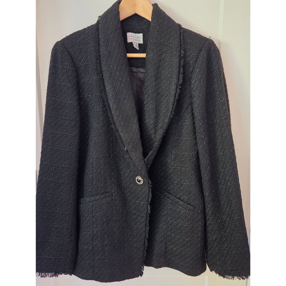 Susan Graver Tweed Blazer Black Jacket Fringe Size 14 Classiccore Cottagecore
